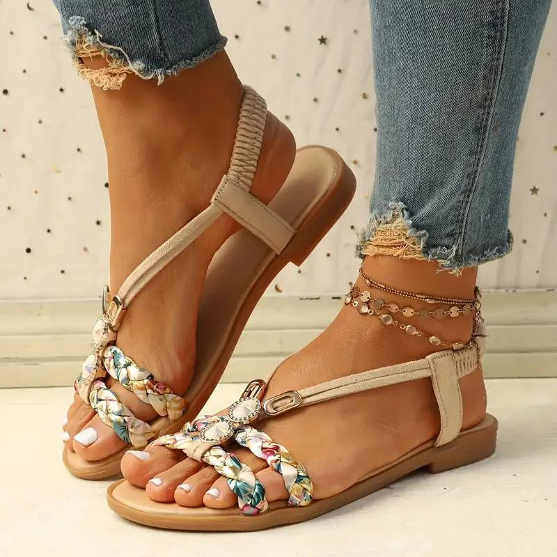 Leyna – Boho Flat Sandals with Braided Straps and Gem Embellishments