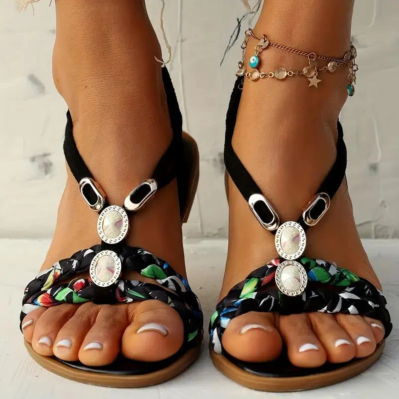 Leyna – Boho Flat Sandals with Braided Straps and Gem Embellishments