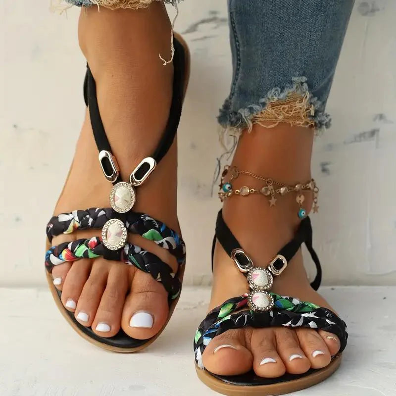 Leyna – Boho Flat Sandals with Braided Straps and Gem Embellishments
