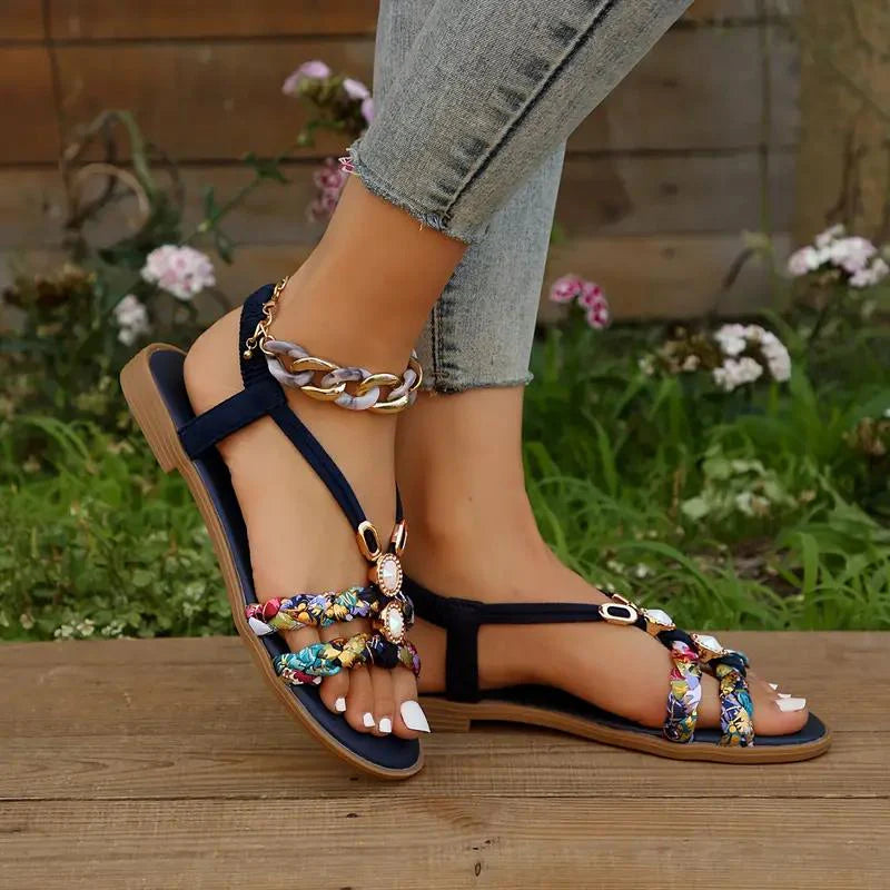 Leyna – Boho Flat Sandals with Braided Straps and Gem Embellishments
