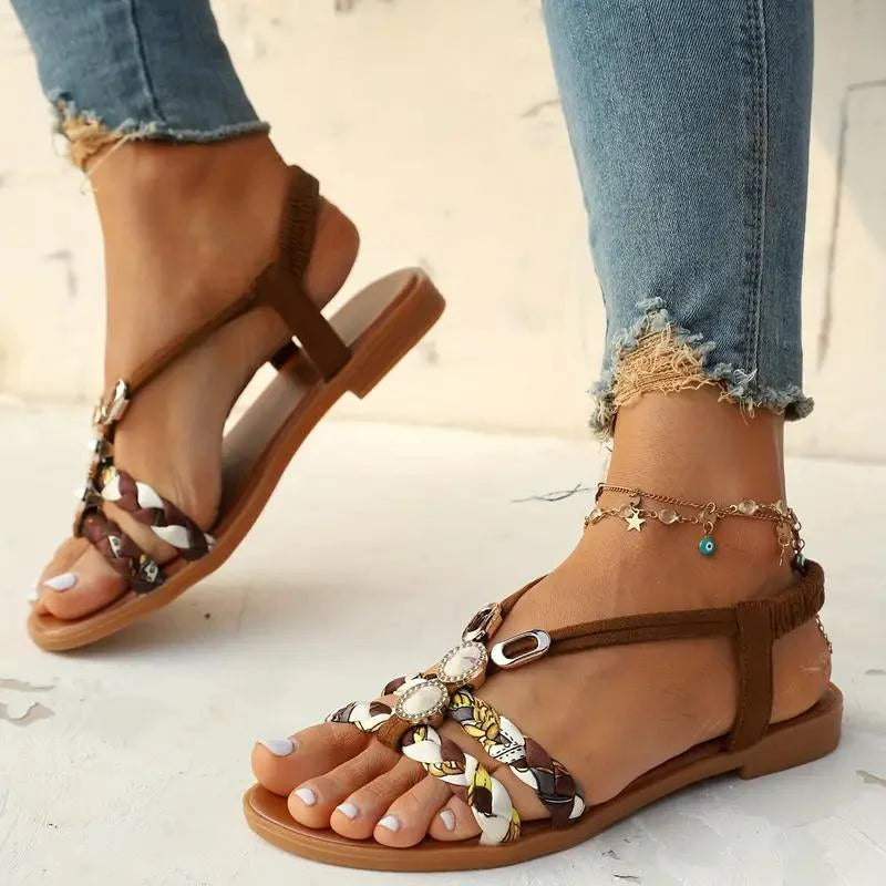 Leyna – Boho Flat Sandals with Braided Straps and Gem Embellishments