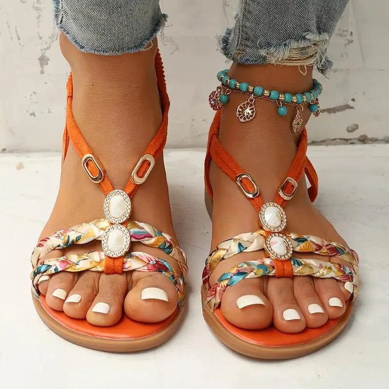 Leyna – Boho Flat Sandals with Braided Straps and Gem Embellishments