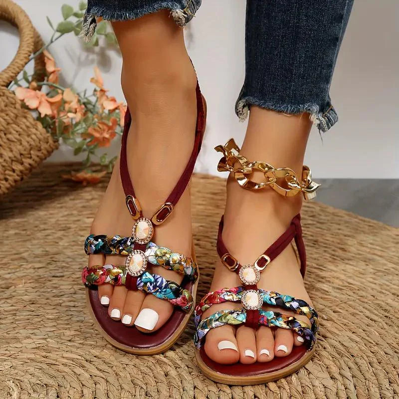 Leyna – Boho Flat Sandals with Braided Straps and Gem Embellishments
