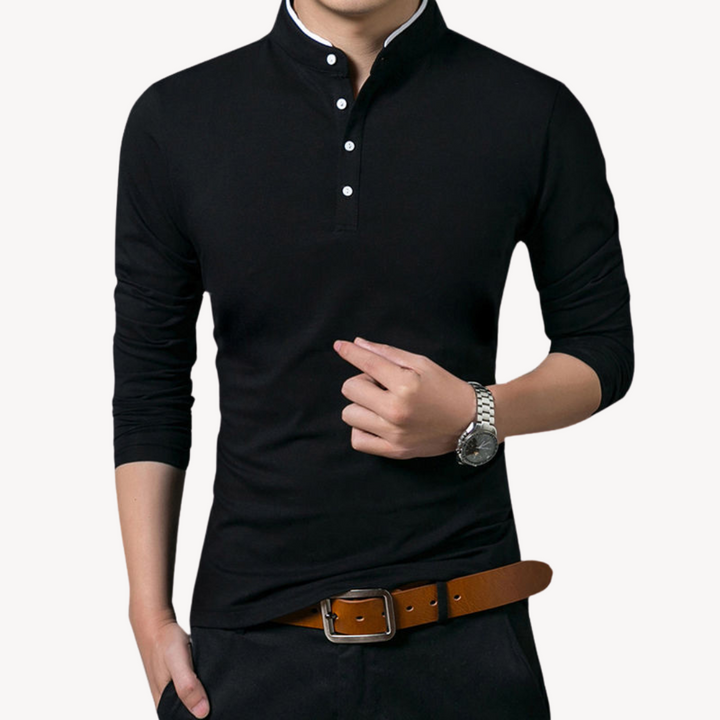 Liam - Long Sleeve Henley Shirt with Stand Collar and Slim Fit Design