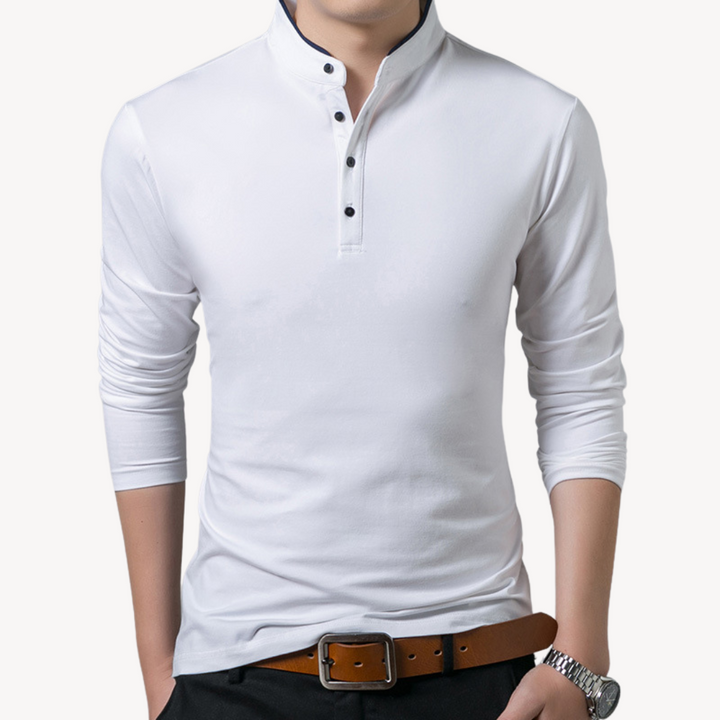 Liam - Long Sleeve Henley Shirt with Stand Collar and Slim Fit Design