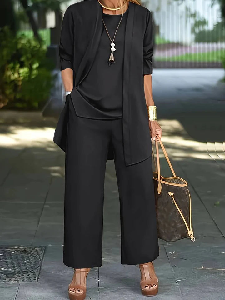 Lilith - 3-Piece Wide-Leg Pants Set with Draped Open Cardigan
