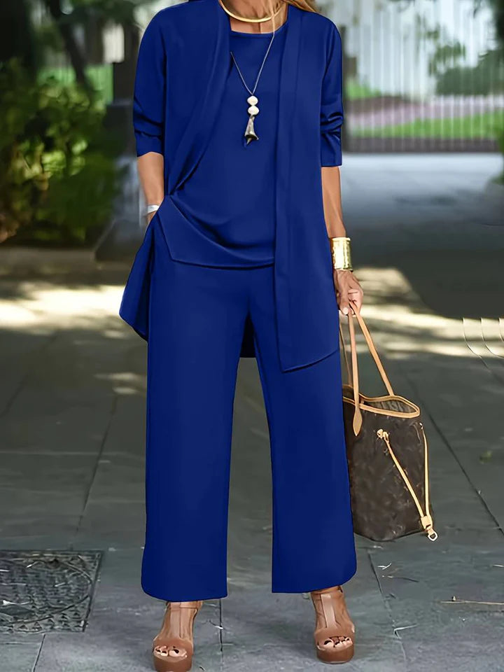 Lilith - 3-Piece Wide-Leg Pants Set with Draped Open Cardigan