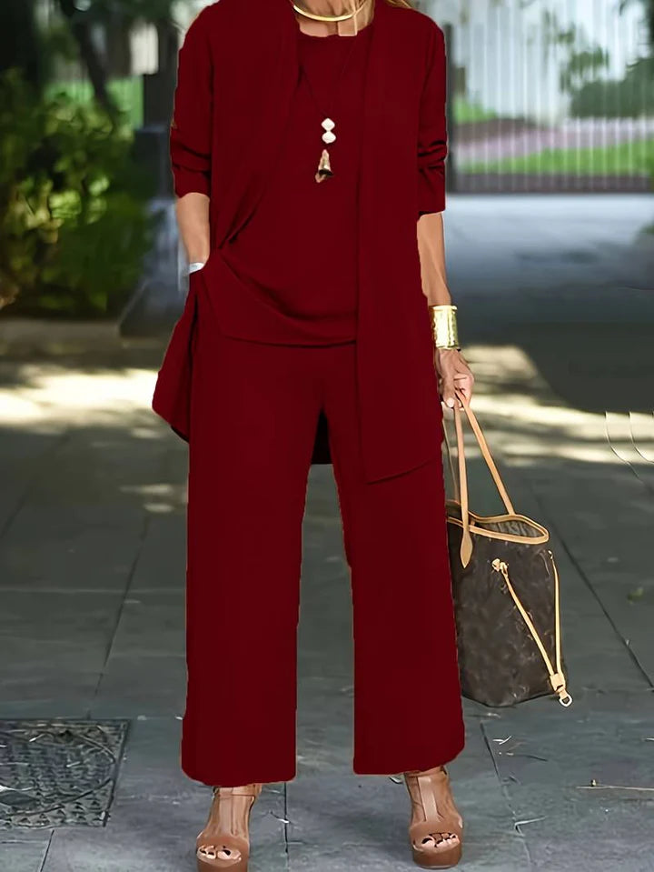 Lilith - 3-Piece Wide-Leg Pants Set with Draped Open Cardigan