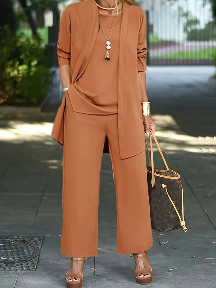 Lilith - 3-Piece Wide-Leg Pants Set with Draped Open Cardigan