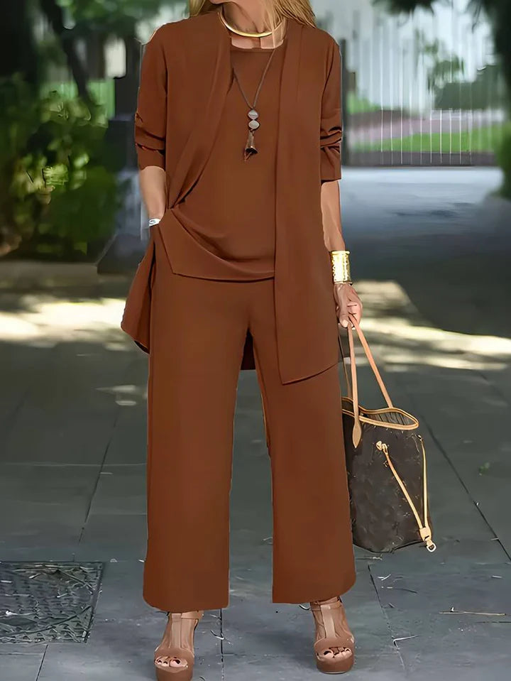Lilith - 3-Piece Wide-Leg Pants Set with Draped Open Cardigan