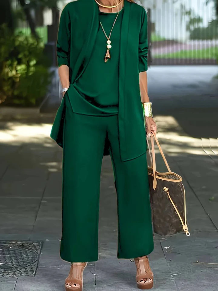 Lilith - 3-Piece Wide-Leg Pants Set with Draped Open Cardigan