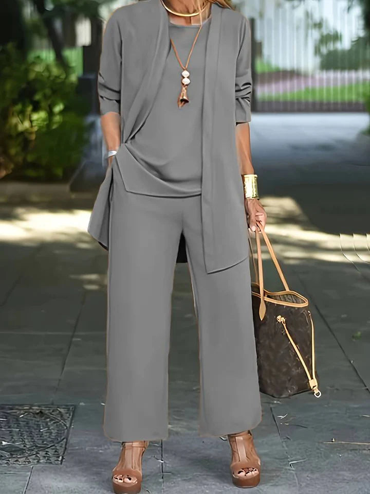 Lilith - 3-Piece Wide-Leg Pants Set with Draped Open Cardigan