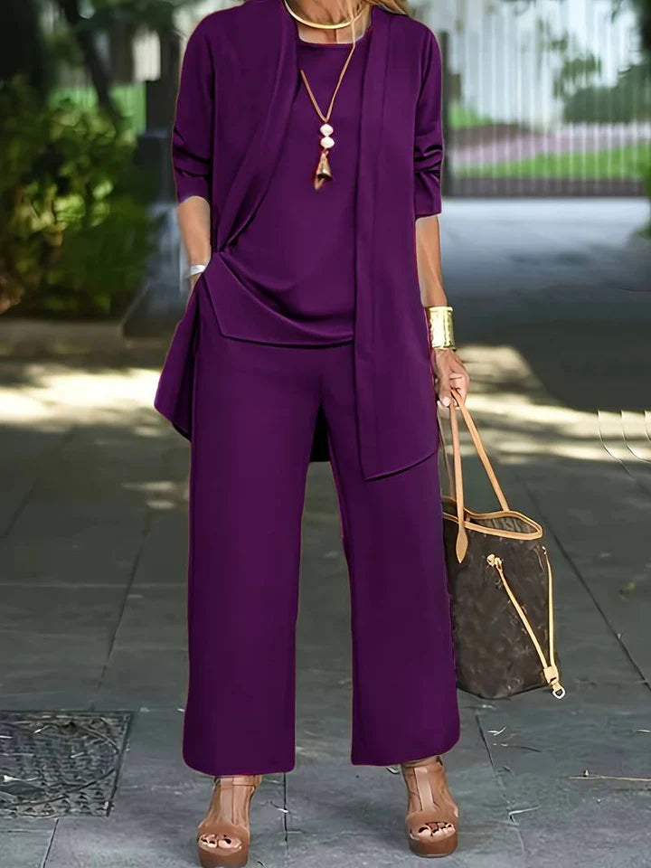 Lilith - 3-Piece Wide-Leg Pants Set with Draped Open Cardigan
