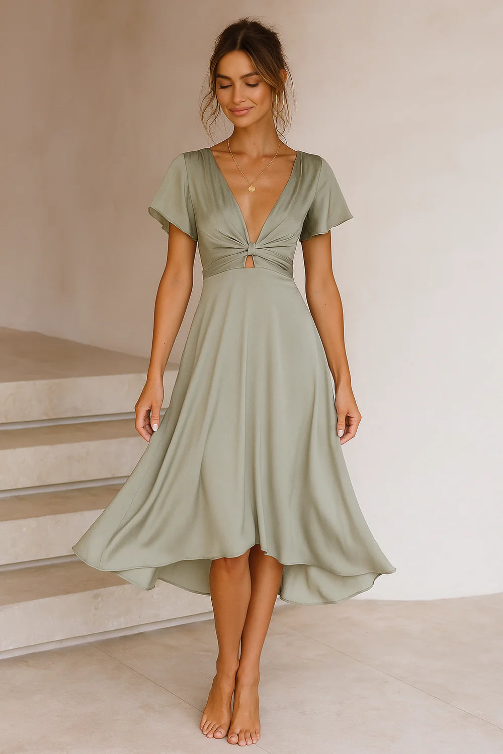 Lina – Midi Dress with Twist Front and Flutter Sleeves