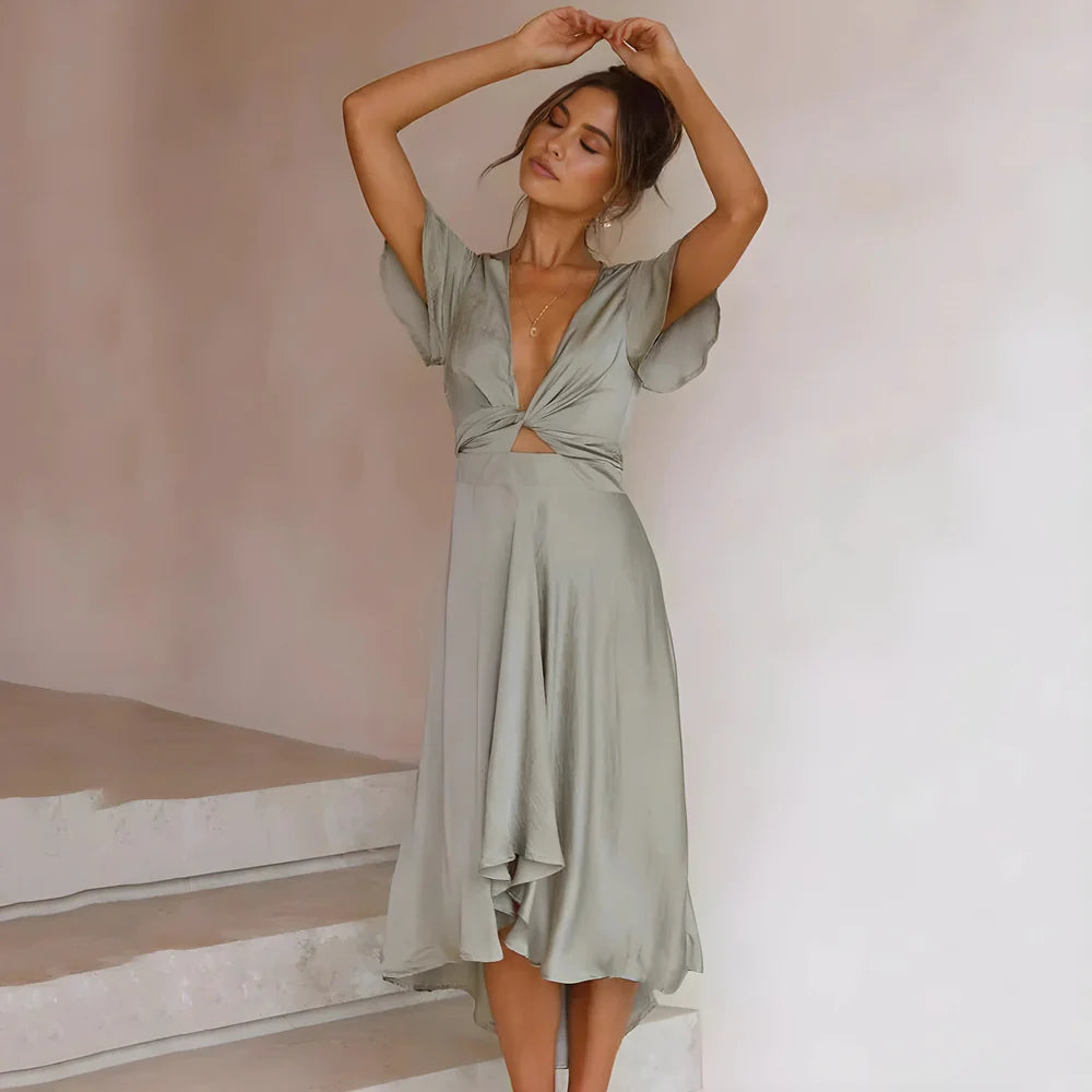 Lina – Midi Dress with Twist Front and Flutter Sleeves