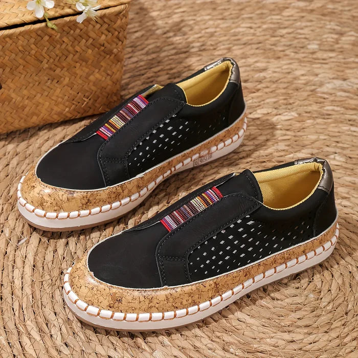 Lina – Perforated Slip-On Loafers with Elastic Tribal Band and Cushioned Sole