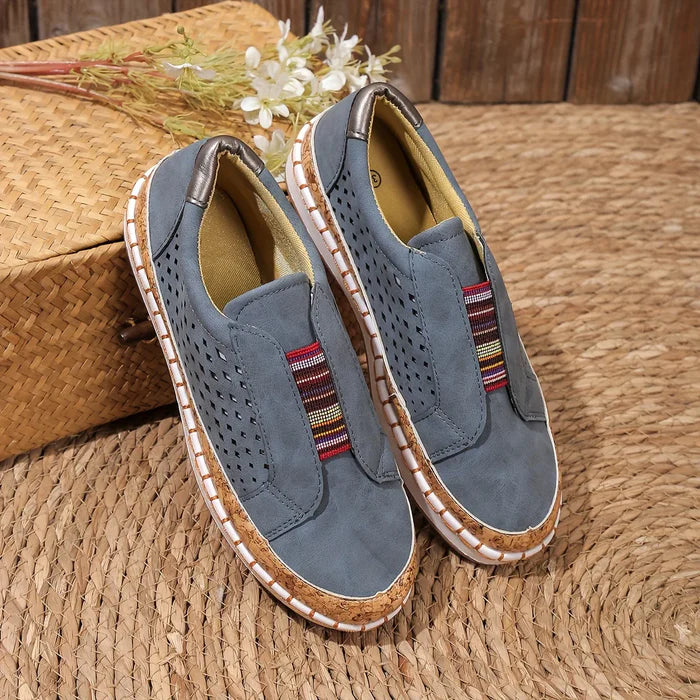 Lina – Perforated Slip-On Loafers with Elastic Tribal Band and Cushioned Sole