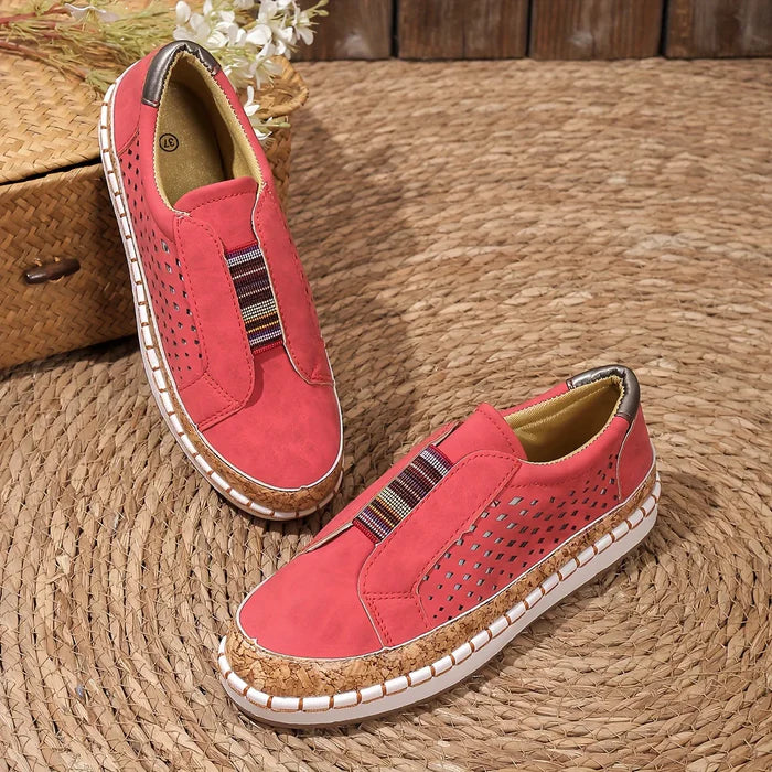 Lina – Perforated Slip-On Loafers with Elastic Tribal Band and Cushioned Sole