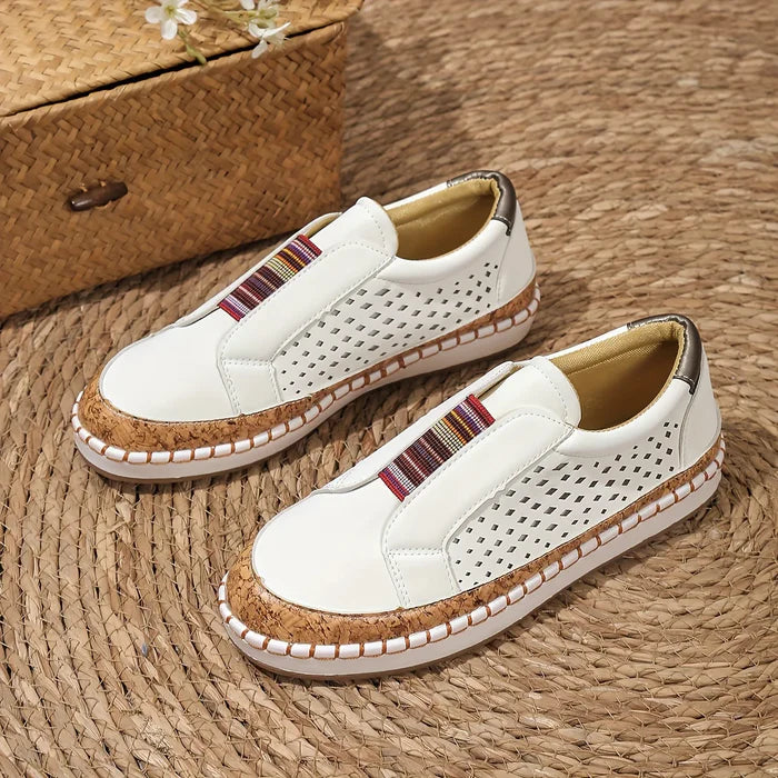 Lina – Perforated Slip-On Loafers with Elastic Tribal Band and Cushioned Sole
