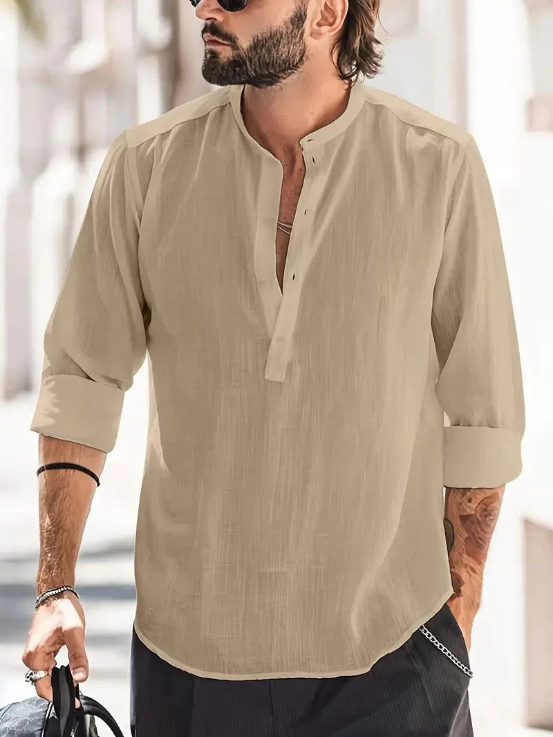 Luca - Casual Henley Shirt with Band Collar and Relaxed Fit