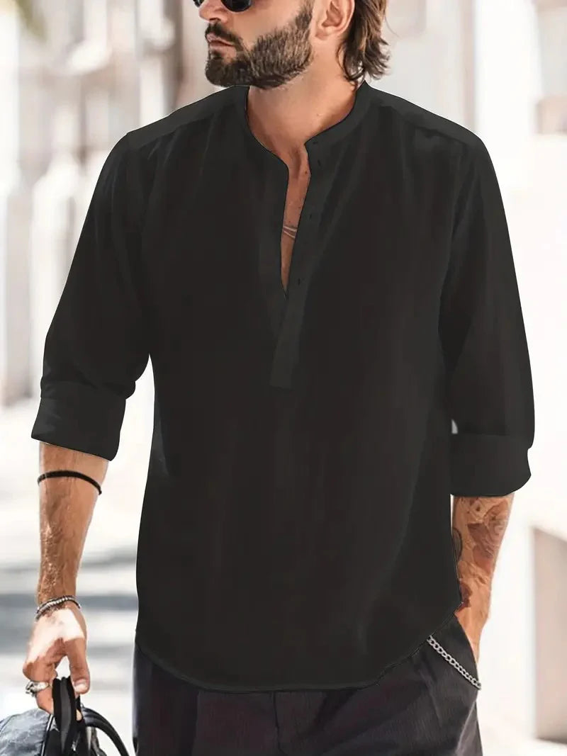 Luca - Casual Henley Shirt with Band Collar and Relaxed Fit
