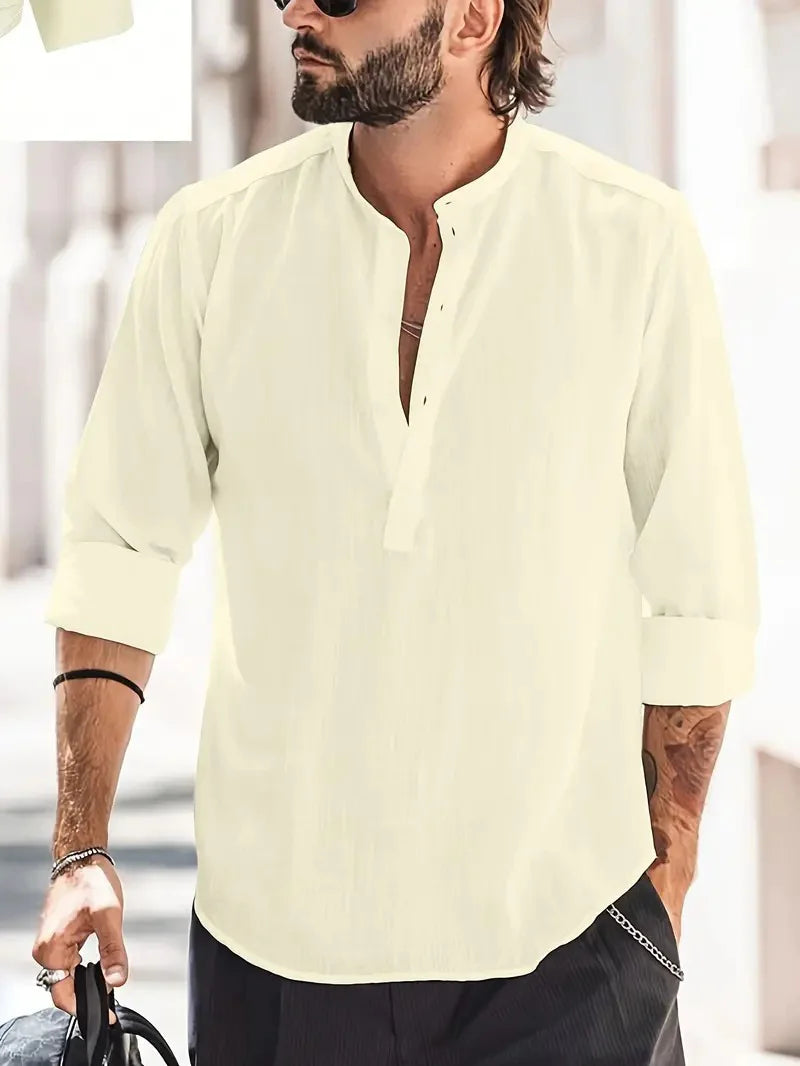 Luca - Casual Henley Shirt with Band Collar and Relaxed Fit