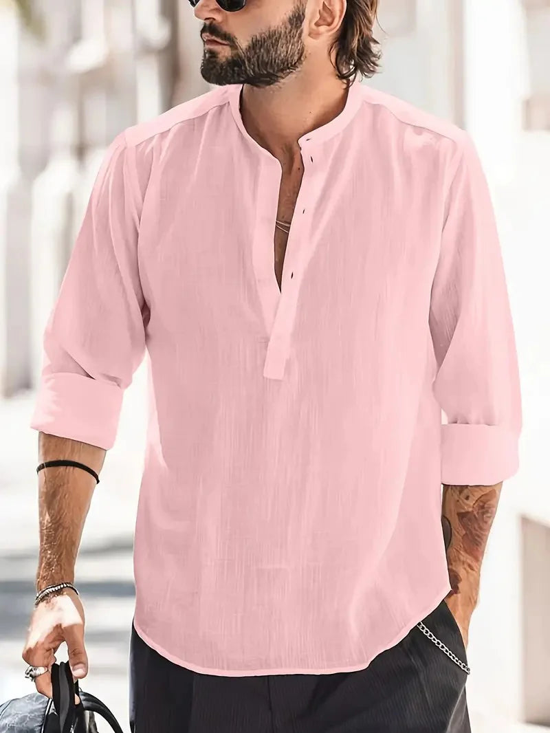 Luca - Casual Henley Shirt with Band Collar and Relaxed Fit