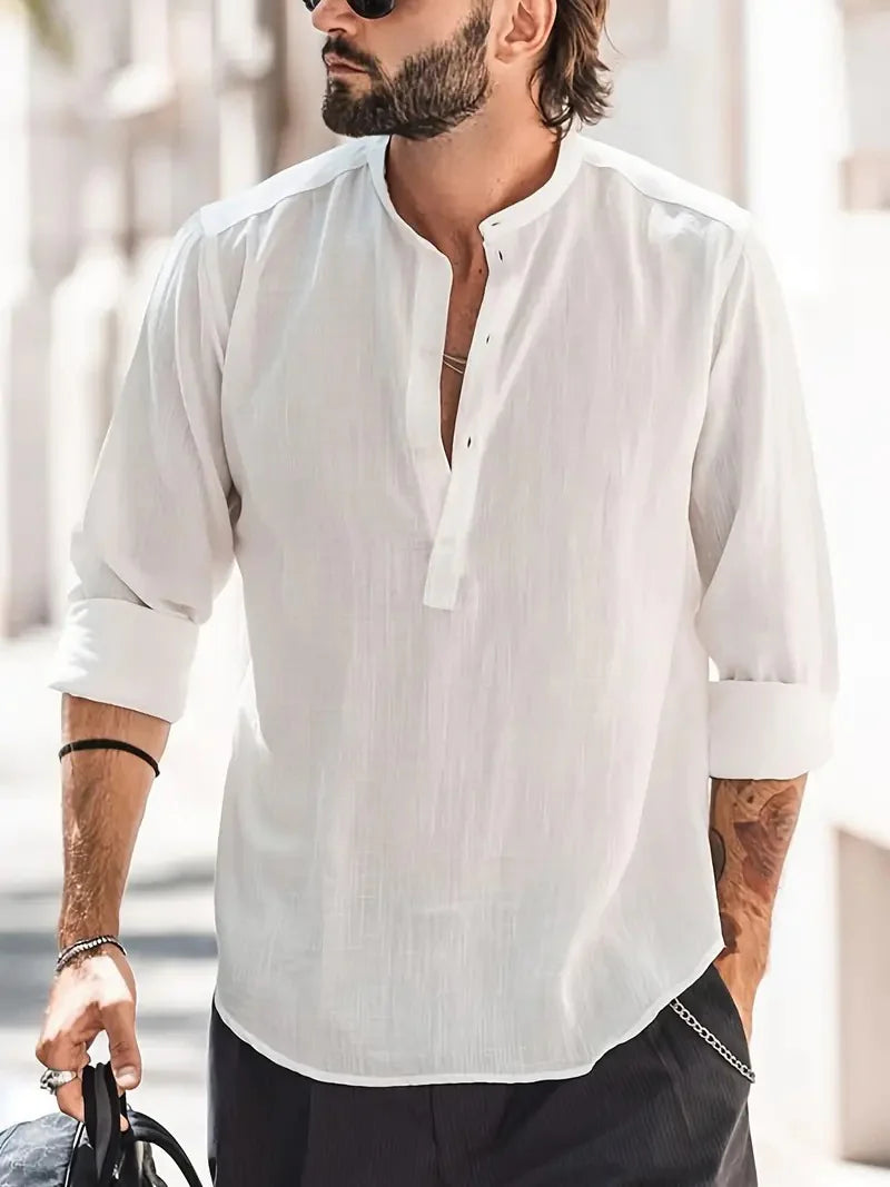 Luca - Casual Henley Shirt with Band Collar and Relaxed Fit