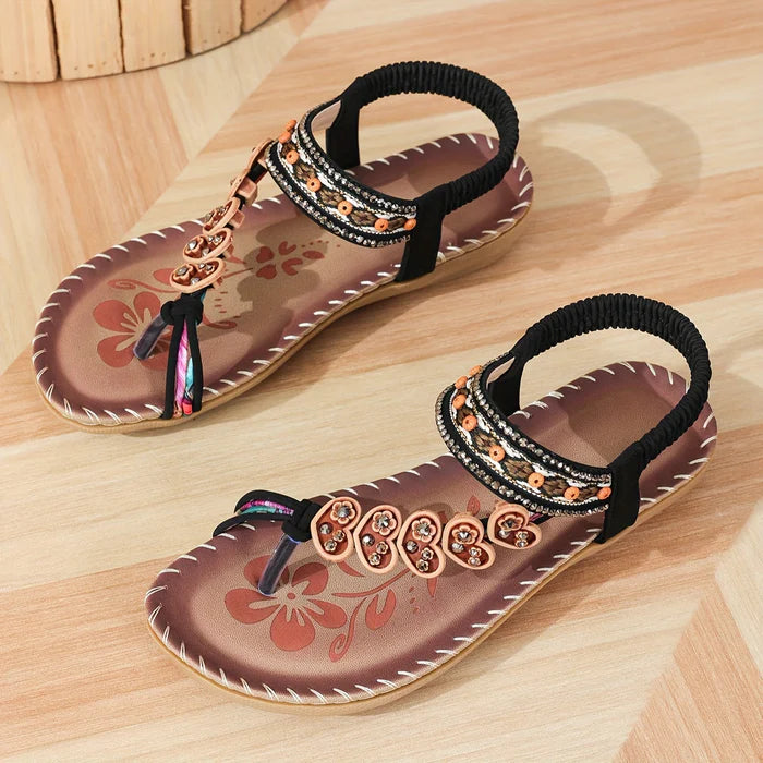 Luna – Boho Beaded Flat Sandals with Floral Accents and Elastic Strap