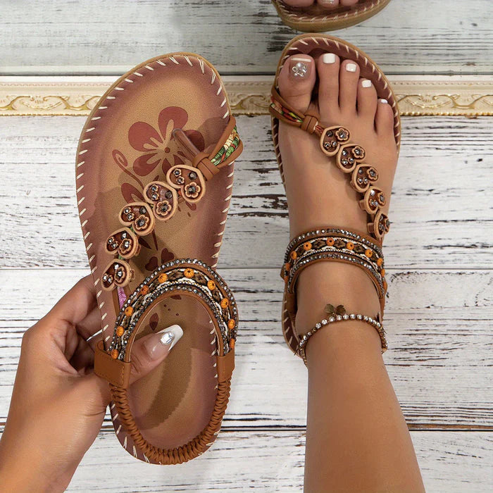 Luna – Boho Beaded Flat Sandals with Floral Accents and Elastic Strap