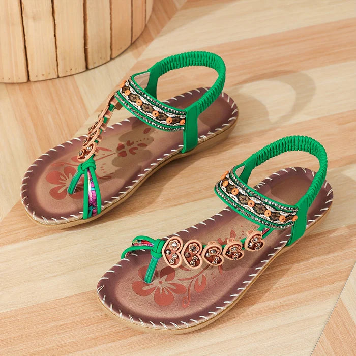 Luna – Boho Beaded Flat Sandals with Floral Accents and Elastic Strap