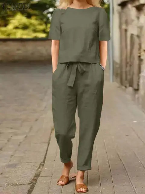 Mabel – Two-Piece Set with Short Sleeve Top and Tie-Waist Harem Pants