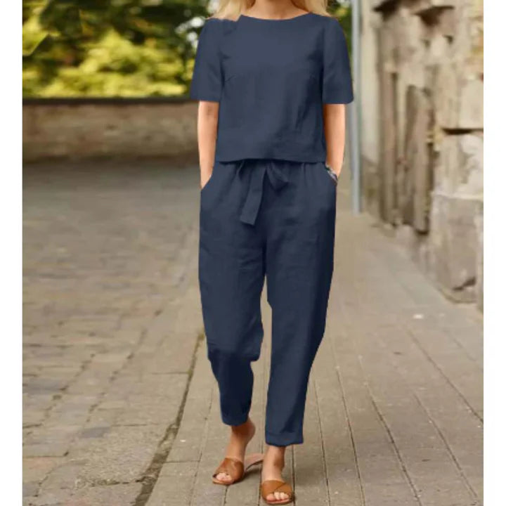 Mabel – Two-Piece Set with Short Sleeve Top and Tie-Waist Harem Pants