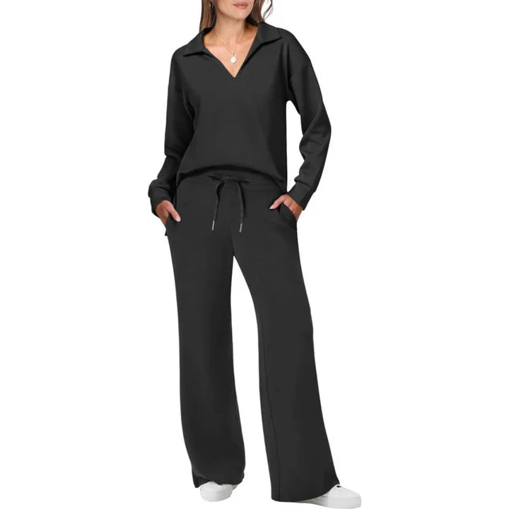 Maeve - Lounge Set with Collared V-Neck Top and Wide-Leg Pants