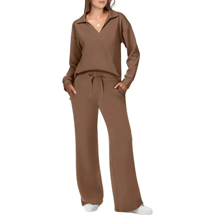 Maeve - Lounge Set with Collared V-Neck Top and Wide-Leg Pants