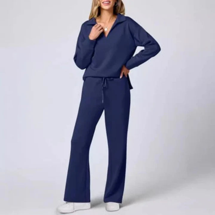Maeve - Lounge Set with Collared V-Neck Top and Wide-Leg Pants