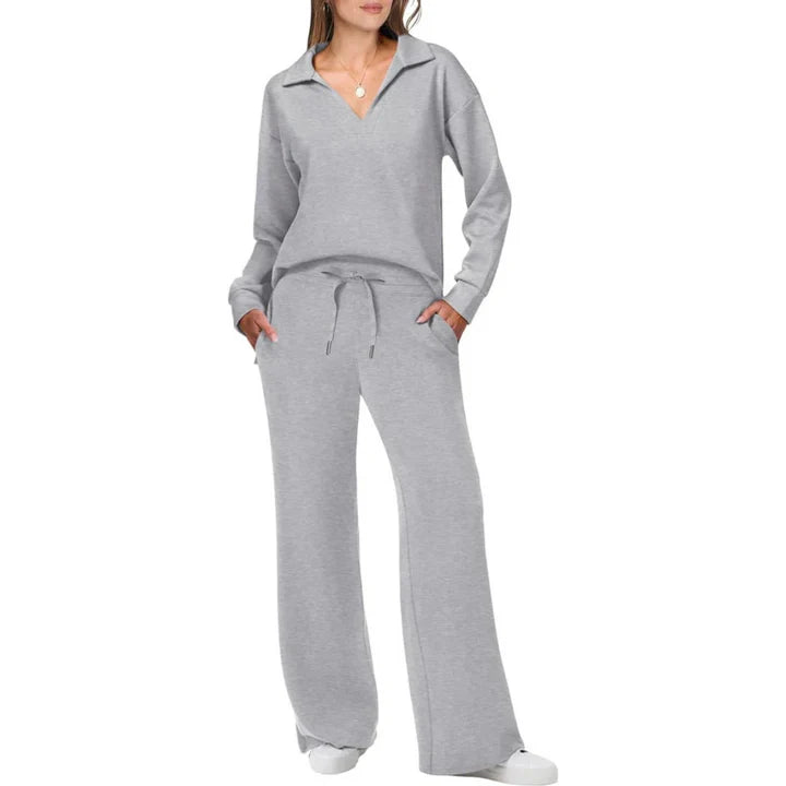 Maeve - Lounge Set with Collared V-Neck Top and Wide-Leg Pants