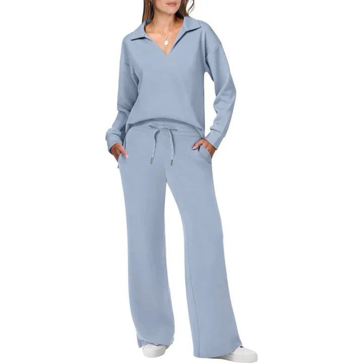 Maeve - Lounge Set with Collared V-Neck Top and Wide-Leg Pants
