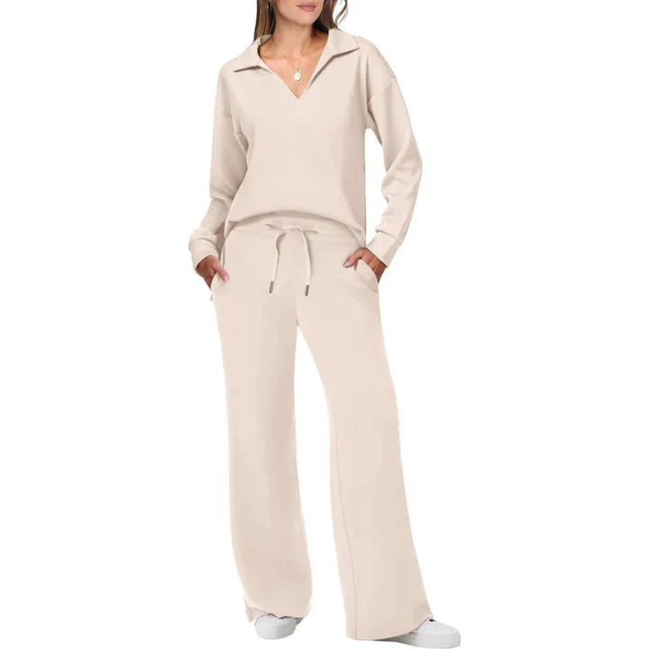 Maeve - Lounge Set with Collared V-Neck Top and Wide-Leg Pants
