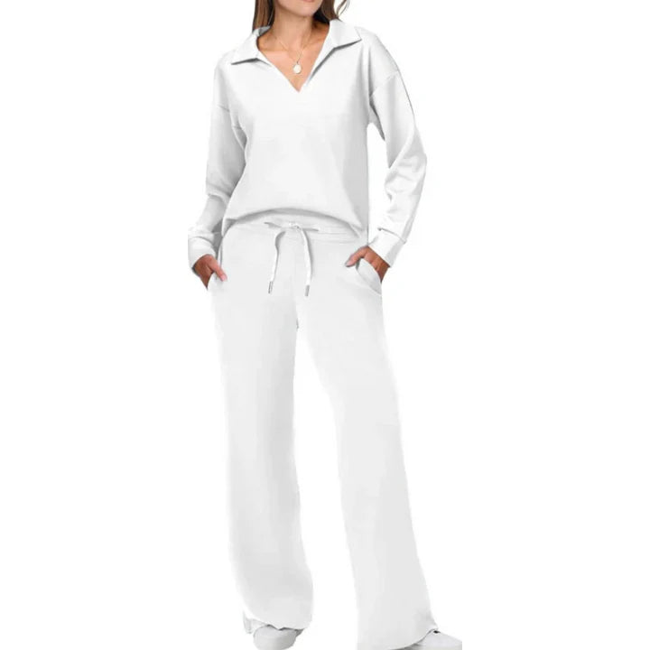 Maeve - Lounge Set with Collared V-Neck Top and Wide-Leg Pants