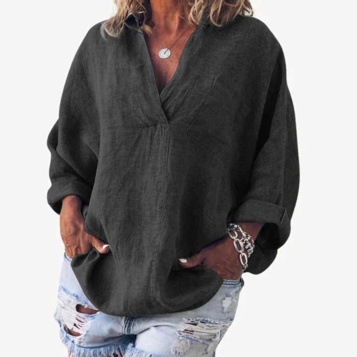Mariselle – Relaxed Fit Shirt with V-Neck and Rolled Cuffs