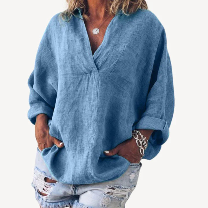 Mariselle – Relaxed Fit Shirt with V-Neck and Rolled Cuffs