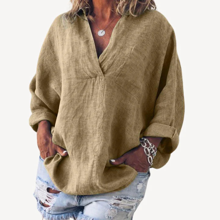 Mariselle – Relaxed Fit Shirt with V-Neck and Rolled Cuffs