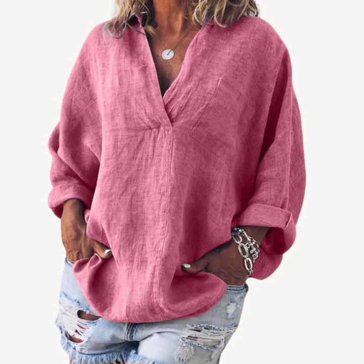 Mariselle – Relaxed Fit Shirt with V-Neck and Rolled Cuffs