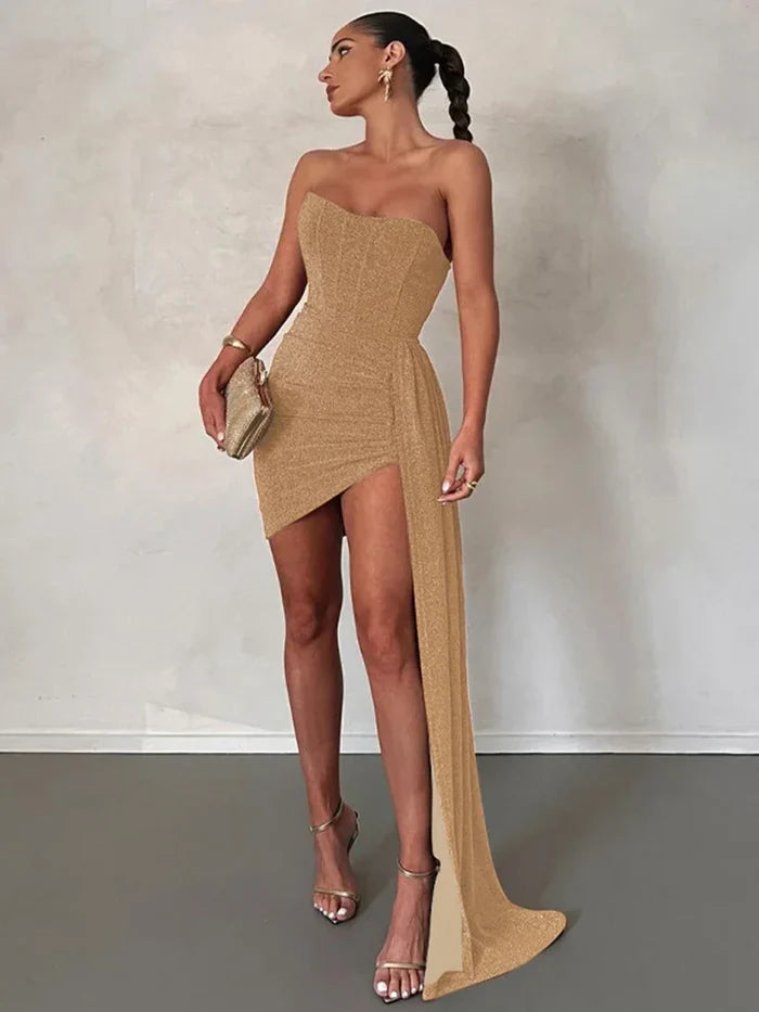 Margaux - Strapless Mini Dress with Corset Bodice and Draped Train