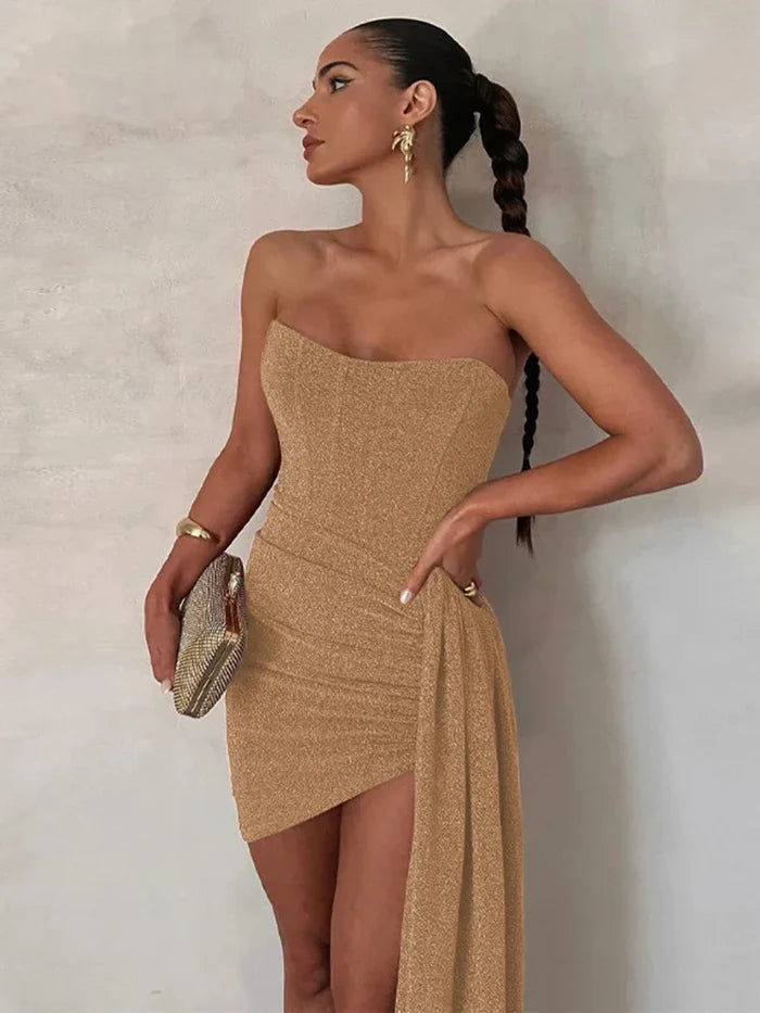 Margaux - Strapless Mini Dress with Corset Bodice and Draped Train