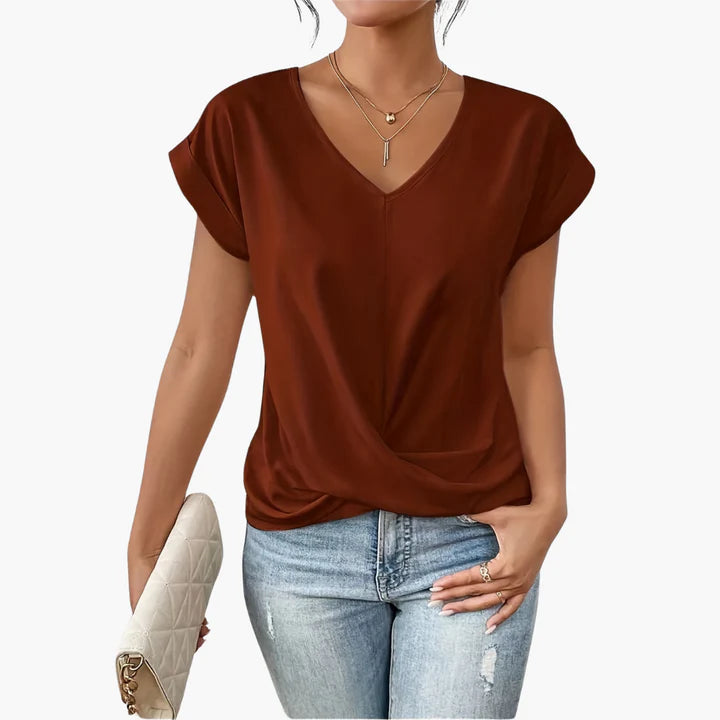 Calista – V-Neck Draped Blouse with Rolled Sleeves for Casual Chic Look