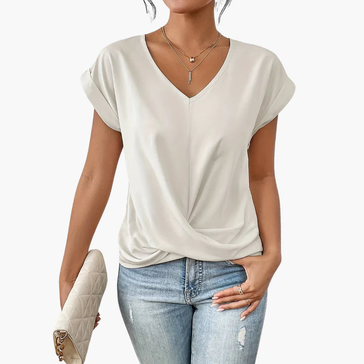 Calista – V-Neck Draped Blouse with Rolled Sleeves for Casual Chic Look