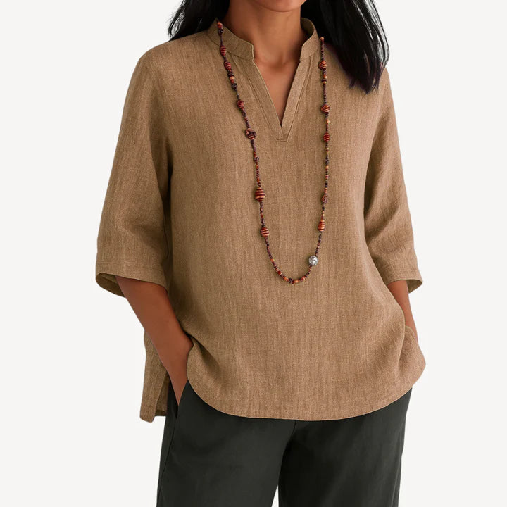 Althea – Relaxed Fit Tunic Top with Split V-Neck and Half Sleeves