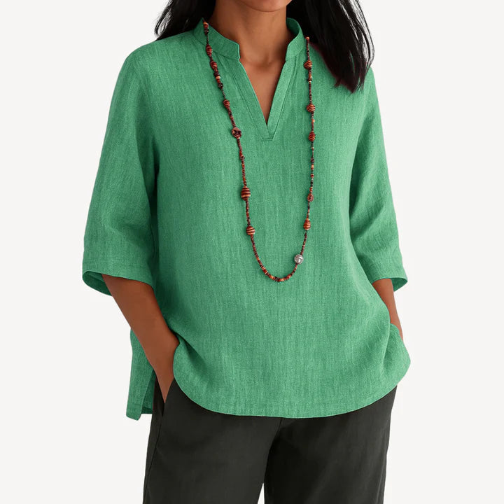 Althea – Relaxed Fit Tunic Top with Split V-Neck and Half Sleeves